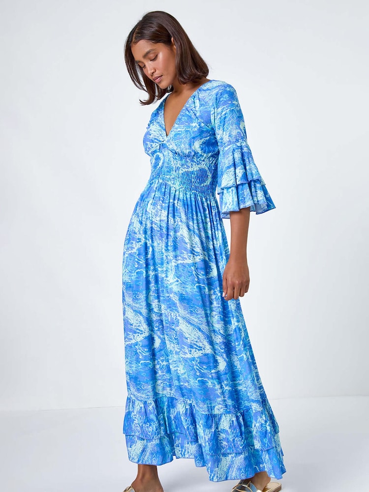 Roman Blue Abstract Ruffle Detail Shirred Maxi Dress - Image 1 of 5