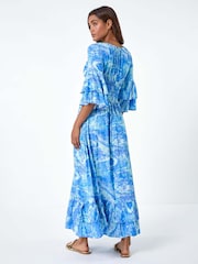 Roman Blue Abstract Ruffle Detail Shirred Maxi Dress - Image 2 of 5