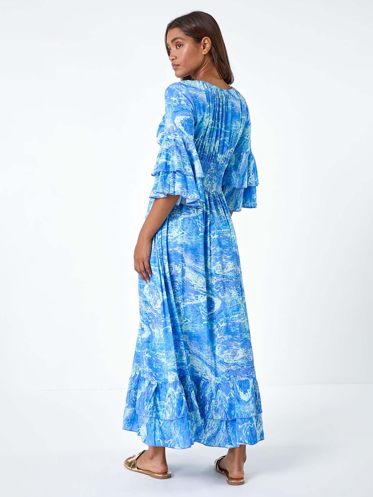 Roman Blue Abstract Ruffle Detail Shirred Maxi Dress - Image 2 of 5