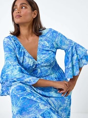 Roman Blue Abstract Ruffle Detail Shirred Maxi Dress - Image 4 of 5