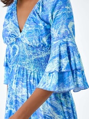 Roman Blue Abstract Ruffle Detail Shirred Maxi Dress - Image 5 of 5