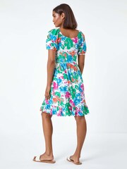 Roman Blue Abstract Floral Ruched Frill Stretch Dress - Image 2 of 5