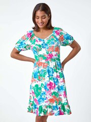 Roman Blue Abstract Floral Ruched Frill Stretch Dress - Image 3 of 5