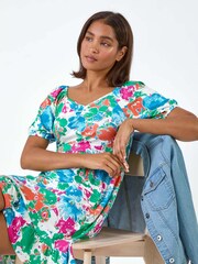 Roman Blue Abstract Floral Ruched Frill Stretch Dress - Image 4 of 5