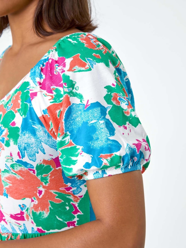 Roman Blue Abstract Floral Ruched Frill Stretch Dress - Image 5 of 5