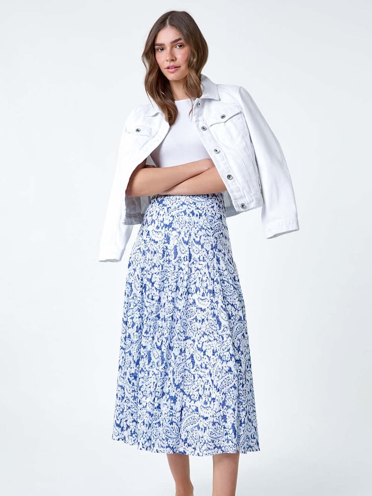 Roman Blue Paisley Print Stretch Midi Skirt - Image 1 of 5