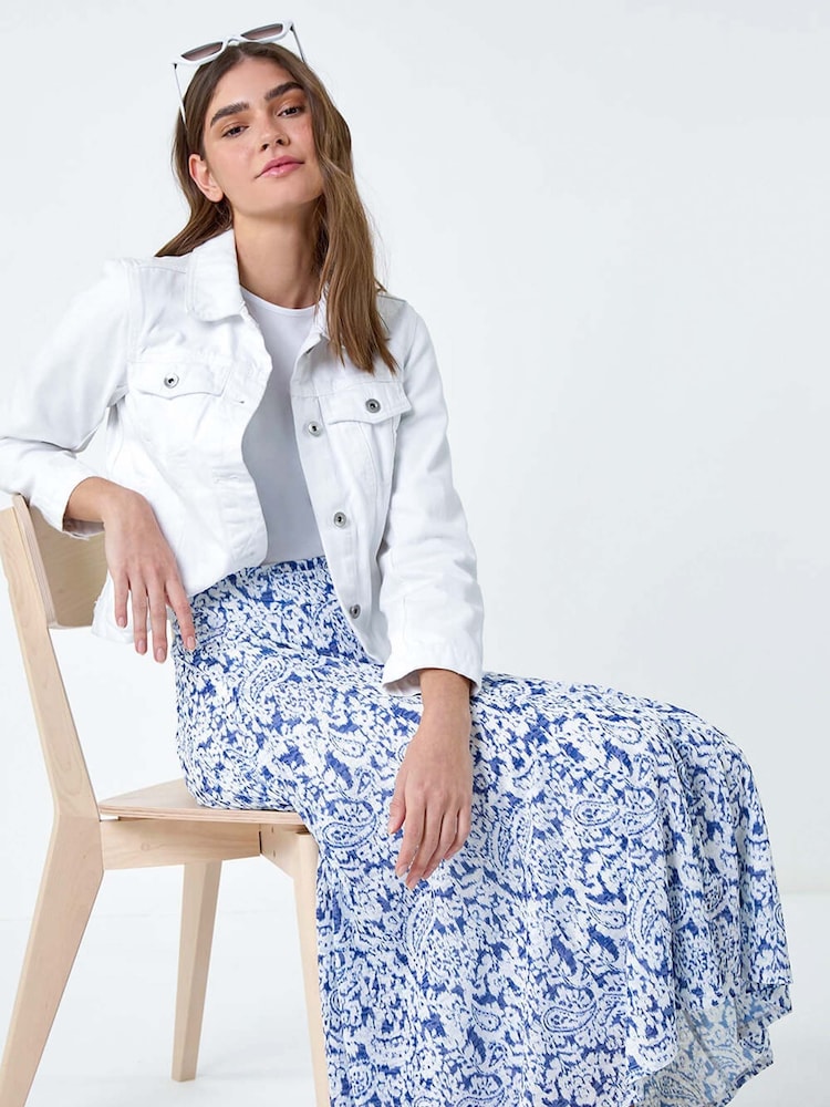 Roman Blue Paisley Print Stretch Midi Skirt - Image 4 of 5
