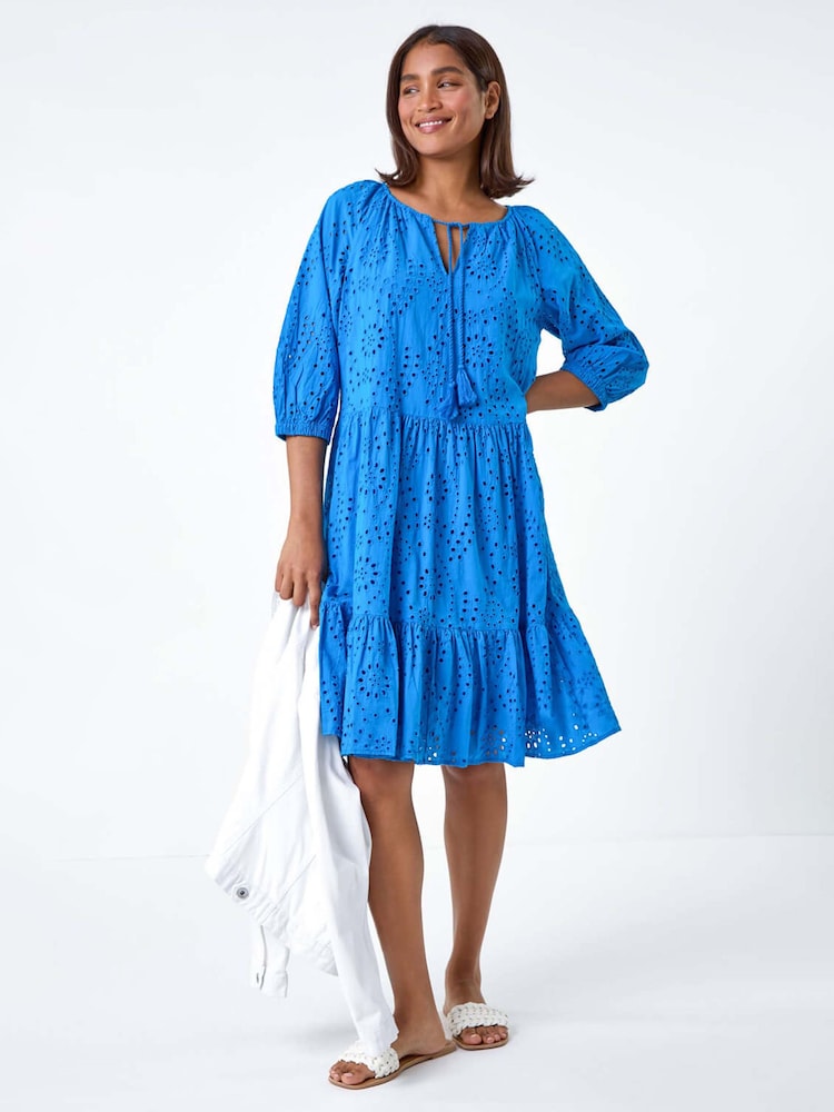 Blau - Roman 100% Cotton Broderie Tiered Smock Dress - Bild 1 von 5