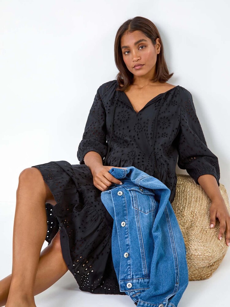 Roman Black 100% Cotton Broderie Tiered Smock Dress - Image 1 of 5 Roman Black 100% Cotton Broderie Tiered Smock Dress - Image 1 of 5