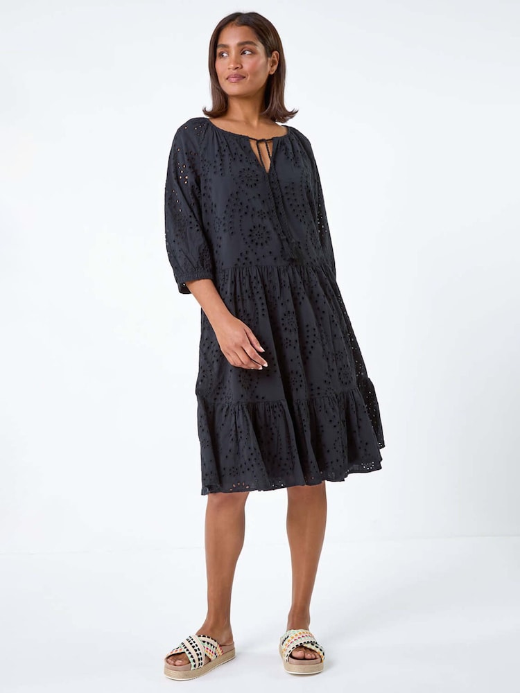 Roman Black 100% Cotton Broderie Tiered Smock Dress - Image 2 of 5 Roman Black 100% Cotton Broderie Tiered Smock Dress - Image 2 of 5
