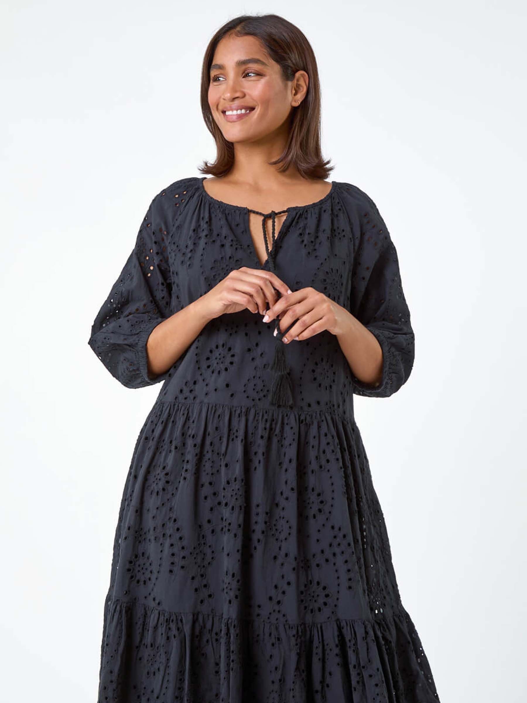 Roman Black 100% Cotton Broderie Tiered Smock Dress | Laura