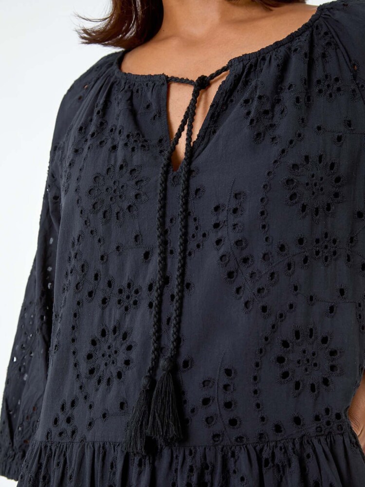 Roman Black 100% Cotton Broderie Tiered Smock Dress - Image 5 of 5 Roman Black 100% Cotton Broderie Tiered Smock Dress - Image 5 of 5