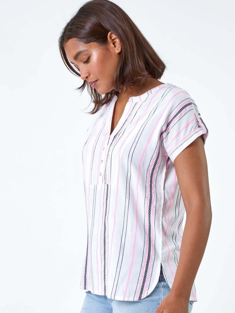 Roman Pink Stripe Print Button Detail Top - Image 1 of 5