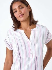 Roman Pink Stripe Print Button Detail Top - Image 4 of 5