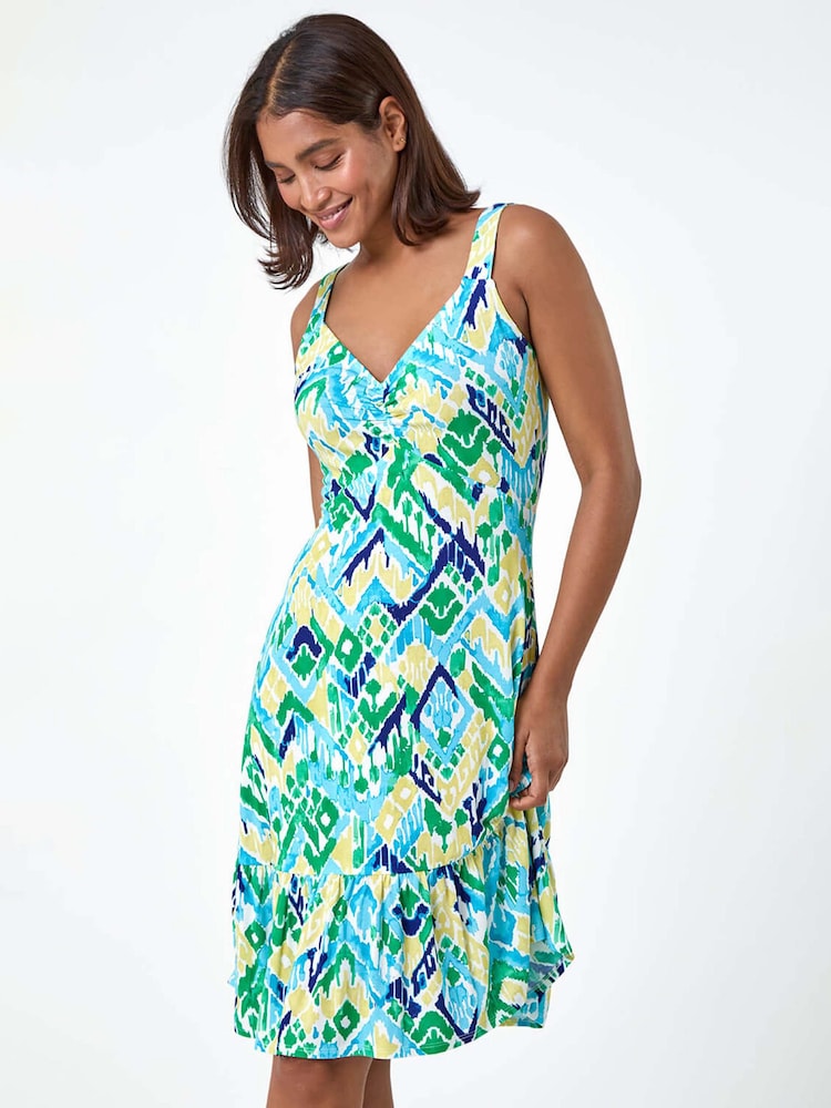 Roman Blue Aztec Print Stretch Frill Hem Dress - Image 1 of 5
