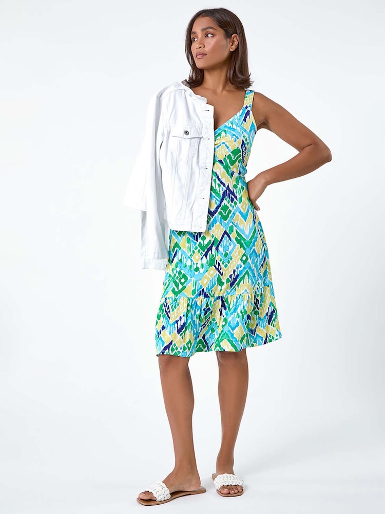 Roman Blue Aztec Print Stretch Frill Hem Dress - Image 2 of 5