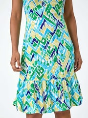 Roman Blue Aztec Print Stretch Frill Hem Dress - Image 5 of 5