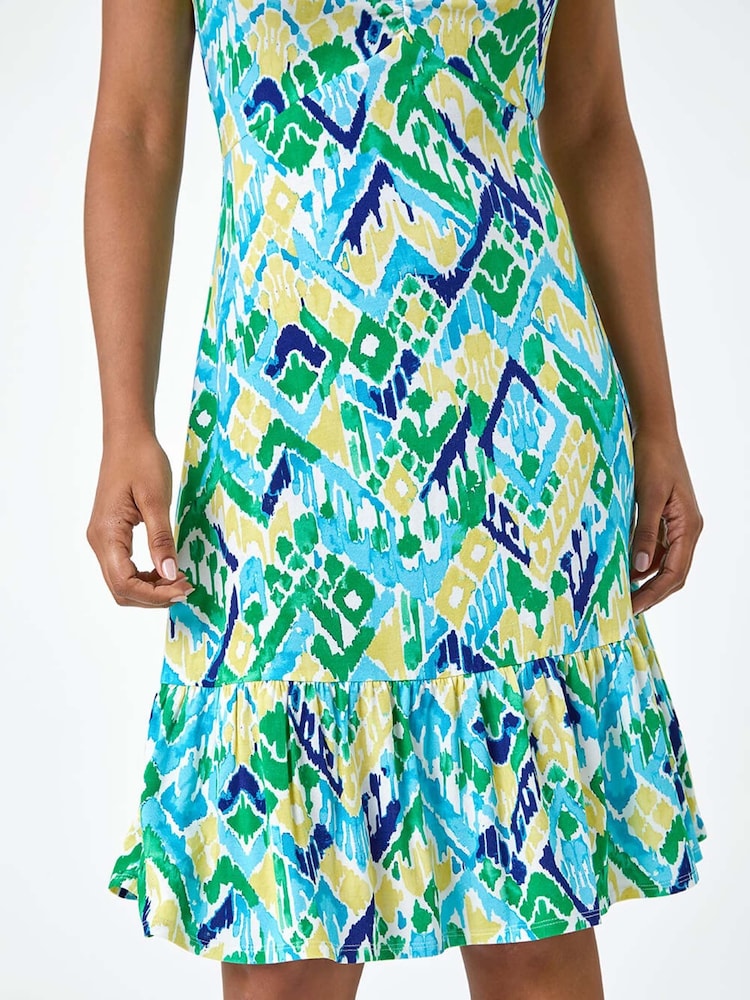 Roman Blue Aztec Print Stretch Frill Hem Dress - Image 5 of 5