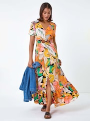 Roman Orange Tropical Print Frilled Hem Maxi Dress - Image 1 of 5