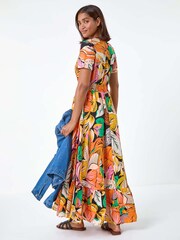 Roman Orange Tropical Print Frilled Hem Maxi Dress - Image 2 of 5