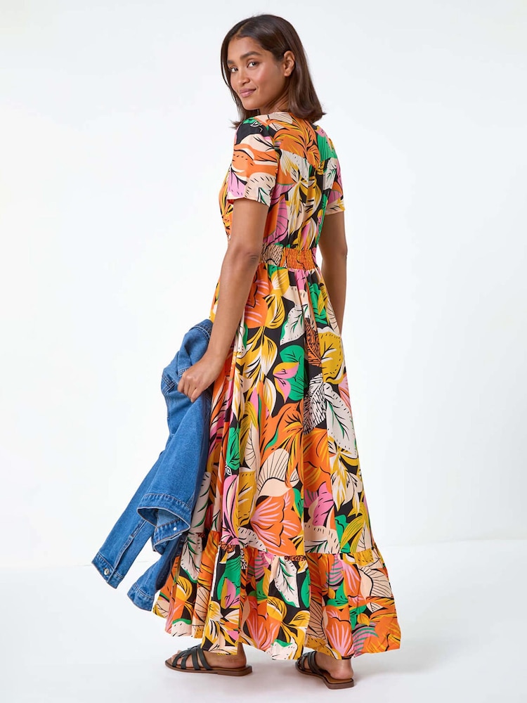 Roman Orange Tropical Print Frilled Hem Maxi Dress - Image 2 of 5