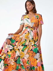 Roman Orange Tropical Print Frilled Hem Maxi Dress - Image 3 of 5