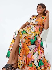 Roman Orange Tropical Print Frilled Hem Maxi Dress - Image 4 of 5