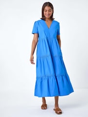 Roman Blue Plain 100% Cotton Tiered Maxi Dress - Image 1 of 5