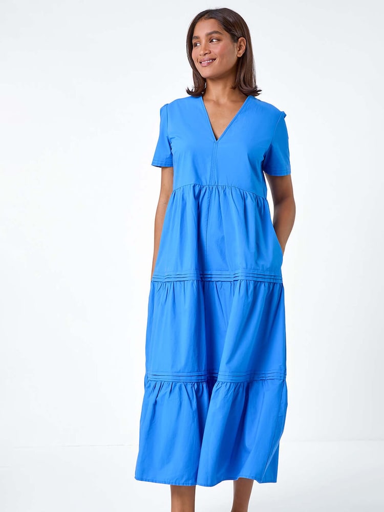 Roman Blue Plain 100% Cotton Tiered Maxi Dress - Image 2 of 5