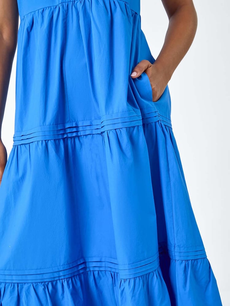Roman Blue Plain 100% Cotton Tiered Maxi Dress - Image 5 of 5