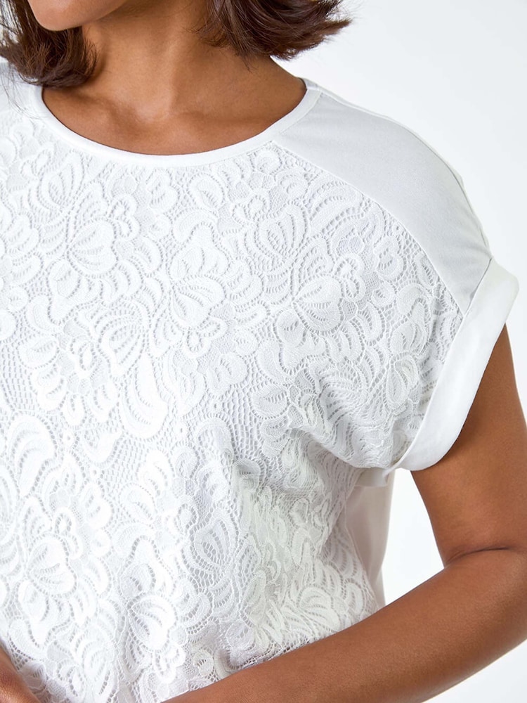 Roman White Lace Panel Stretch Jersey Top - Image 2 of 4