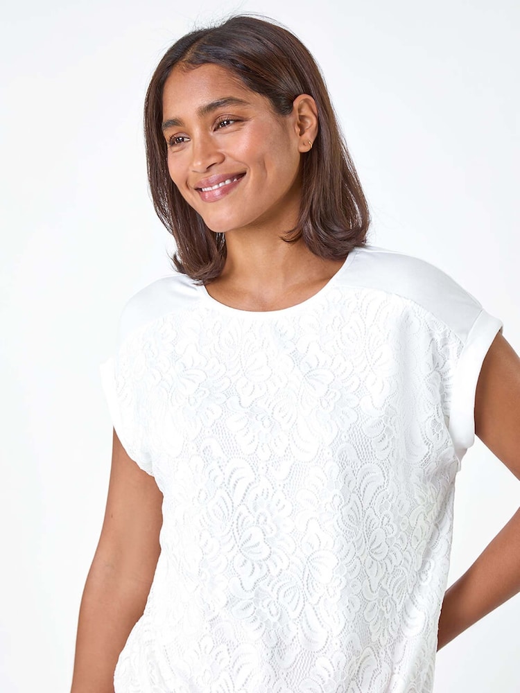 Roman White Lace Panel Stretch Jersey Top - Image 4 of 4