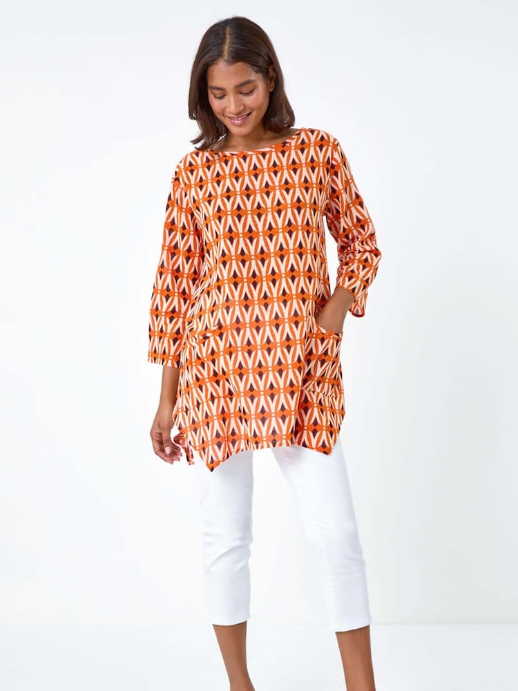 Roman Orange Geometric Pocket Detail Longline 100% Cotton Top - Image 1 of 5