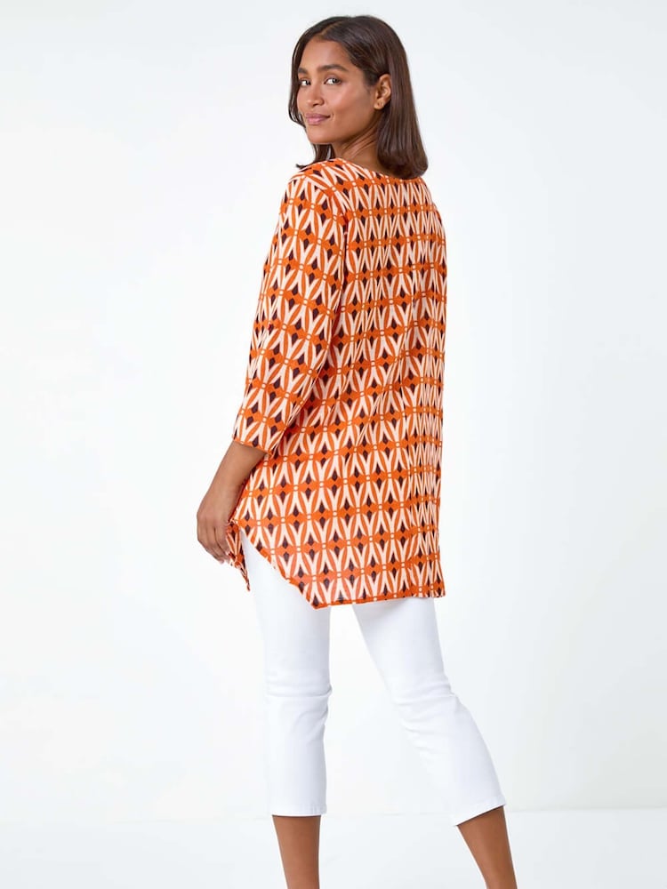 Roman Orange Geometric Pocket Detail Longline 100% Cotton Top - Image 3 of 5