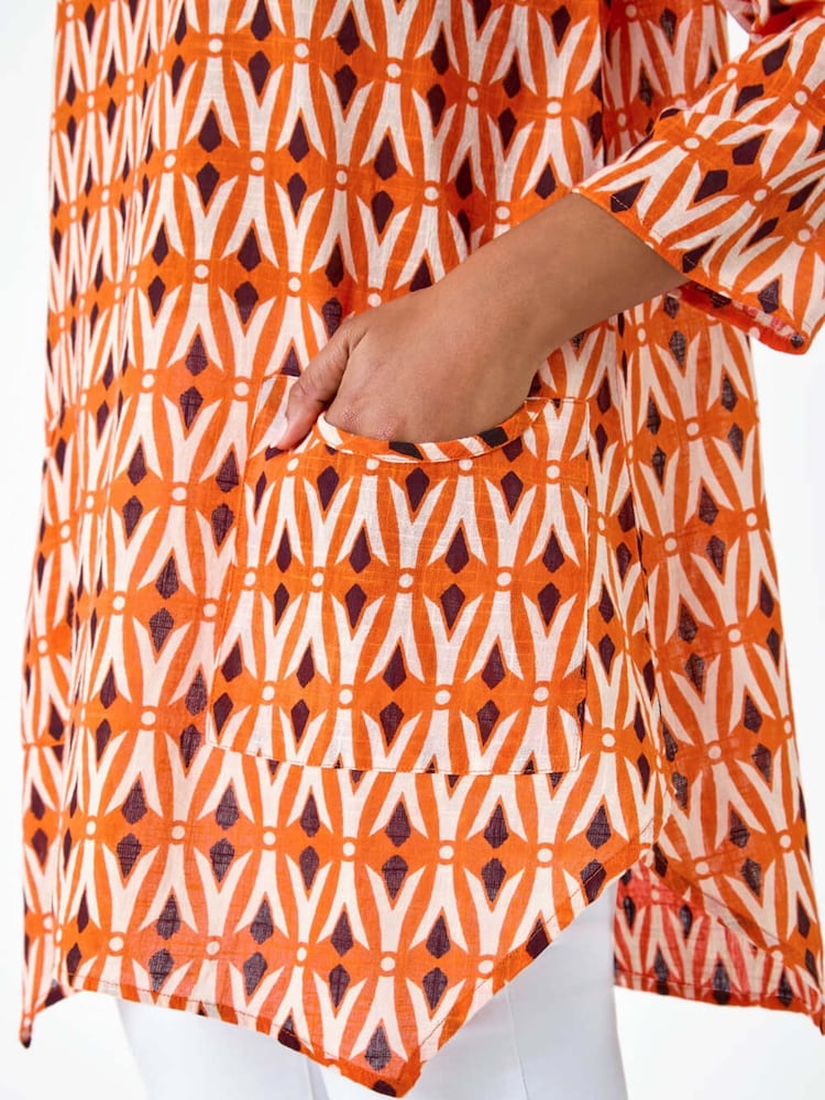 Roman Orange Geometric Pocket Detail Longline 100% Cotton Top - Image 5 of 5