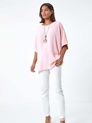 Roman Pink Plain Tunic Top with Necklace - Image 1 of 5
