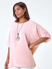 Roman Pink Plain Tunic Top with Necklace - Image 3 of 5