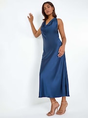 Roman Blue Floral Print Satin Bias Cut Dress - Image 1 of 5