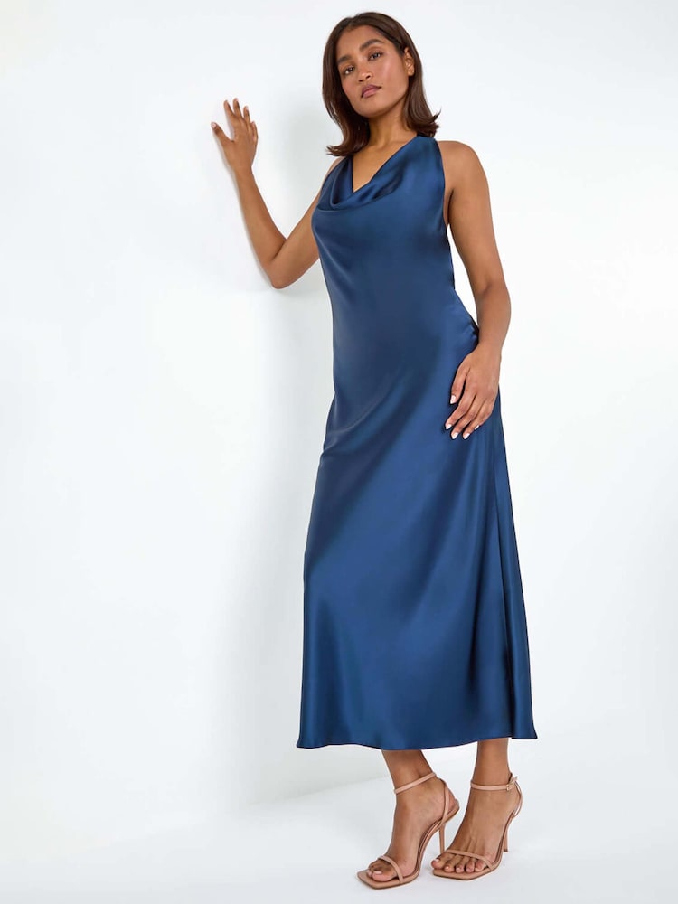 Roman Blue Floral Print Satin Bias Cut Dress - Image 1 of 5