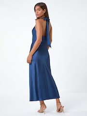 Roman Blue Floral Print Satin Bias Cut Dress - Image 4 of 5