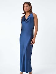 Roman Blue Floral Print Satin Bias Cut Dress - Image 5 of 5