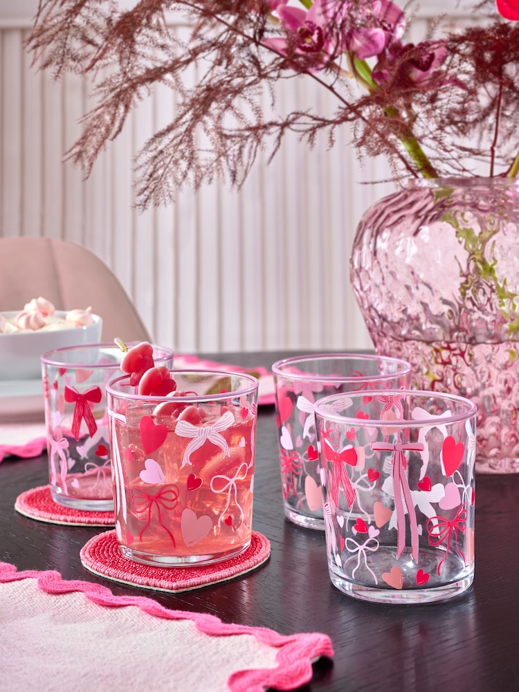 Set of 4 Pink Heart and Bow Tumbler Glasses - Image 1 of 1
