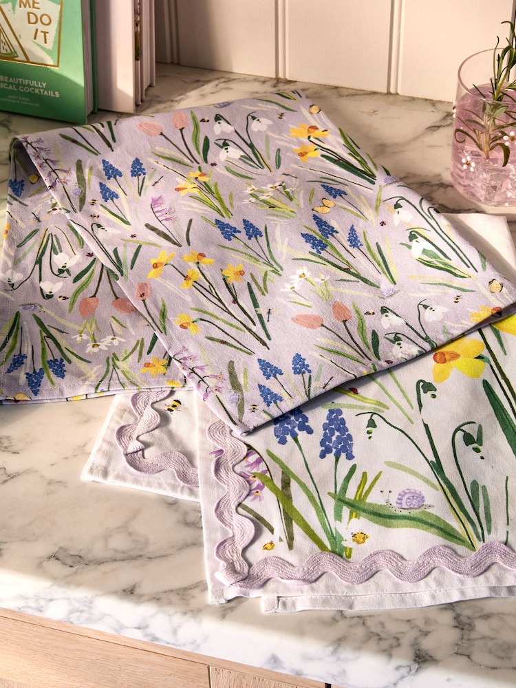Set of 2 Lilac Purple 100% Cotton Lila Floral Tea Towels - Image 2 of 4