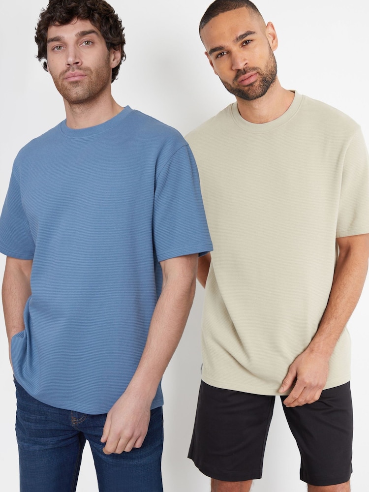 Threadbare Blue and Stone Relaxed Fit Ottoman Rib 100% Cotton T-Shirts 2 Pack - Image 1 of 3 Threadbare Blue and Stone Relaxed Fit Ottoman Rib 100% Cotton T-Shirts 2 Pack - Image 1 of 3