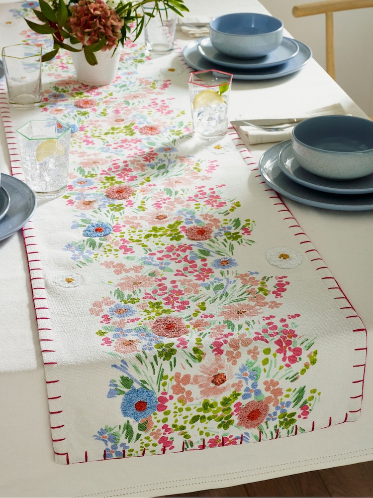 Pink Lisse Embroidered 100% Cotton Kitchen Table Runner - Image 1 of 4