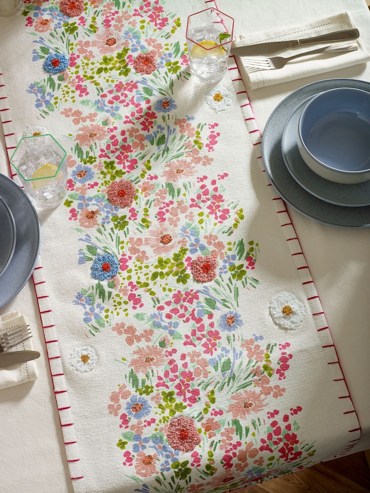 Pink Lisse Embroidered 100% Cotton Kitchen Table Runner - Image 2 of 4