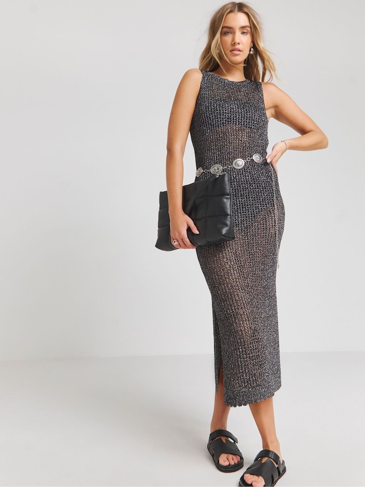 Simply Be Gunmetal Silver Crochet Midi Dress - Image 1 of 4