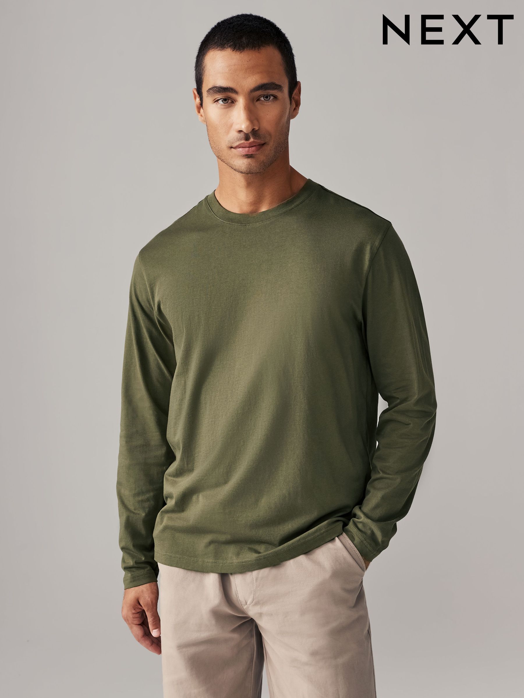 Buy Green Khaki Regular Fit Long Sleeve Crew Neck T-Shirt from