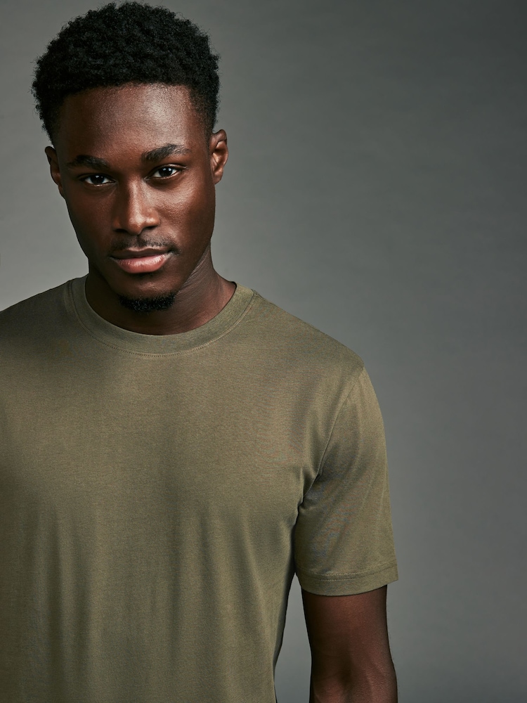 Groen-kaki - Slim Fit - Essentieel katoenen T-shirt met ronde hals - Image 4 of 7