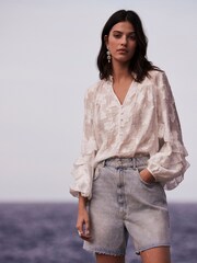 Mint Velvet White Jacquard Ruffle Blouse - Image 1 of 4